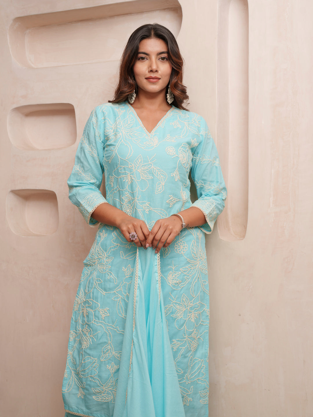 Cotton Floral Embroidered with Lace Detailed Blue Kurta Pant & Dupatta