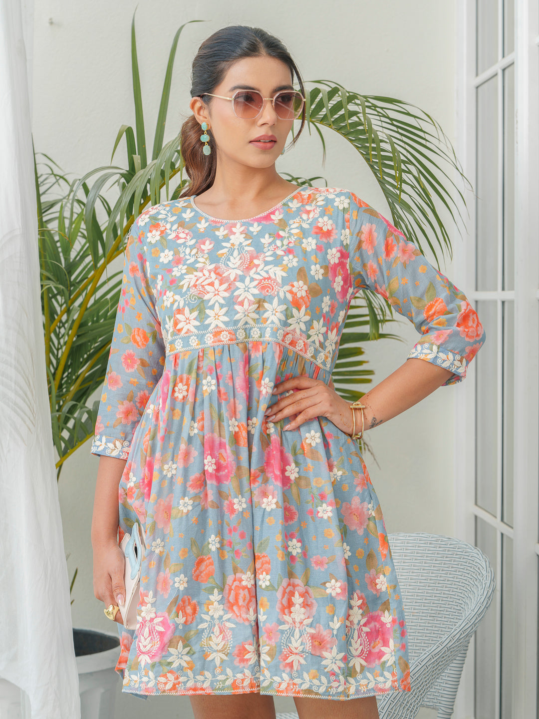Women Floral Embroidered Pure Cotton Empire Dress