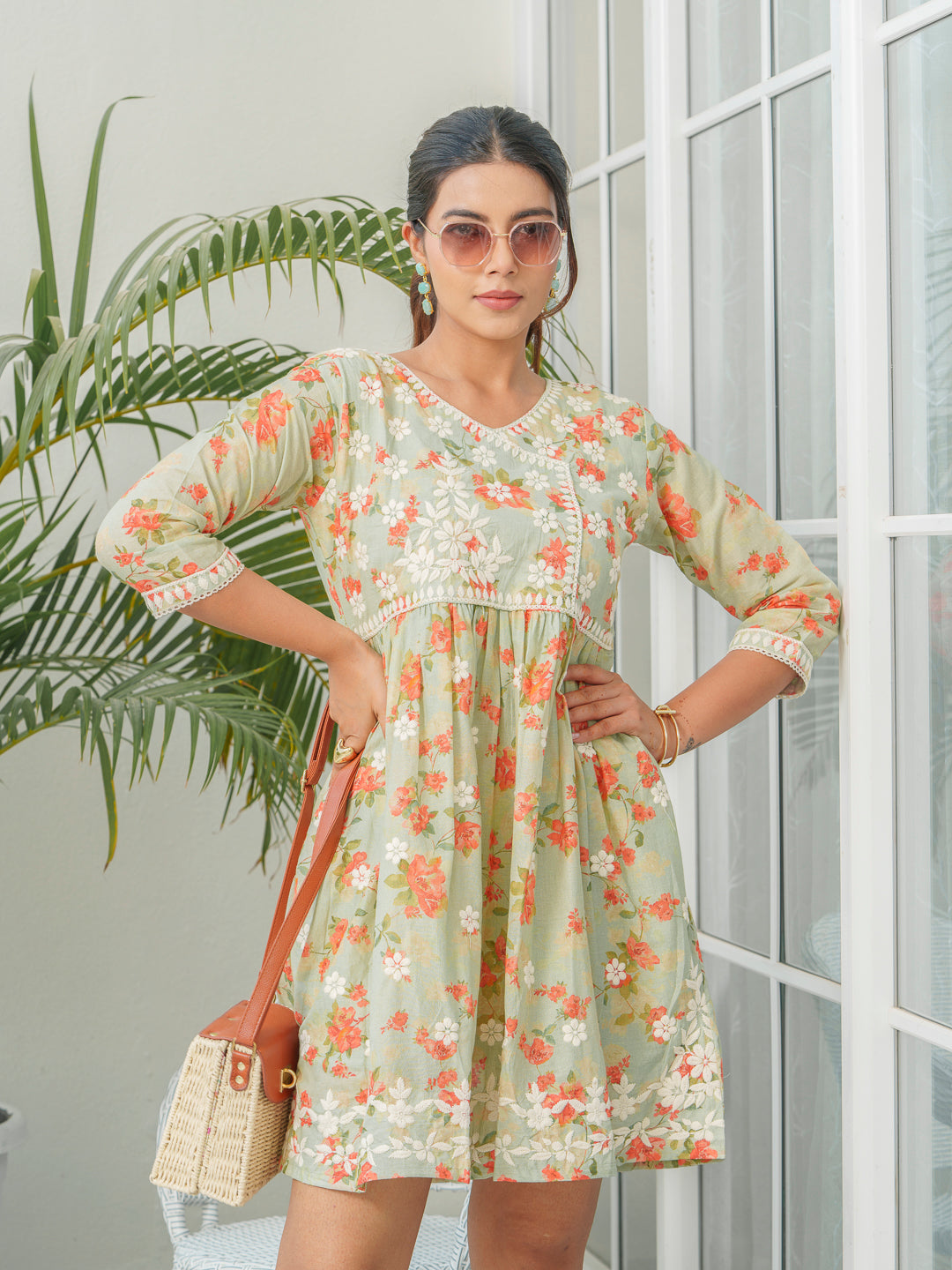 Floral Embroidered Pure Cotton Fit & Flare Dress