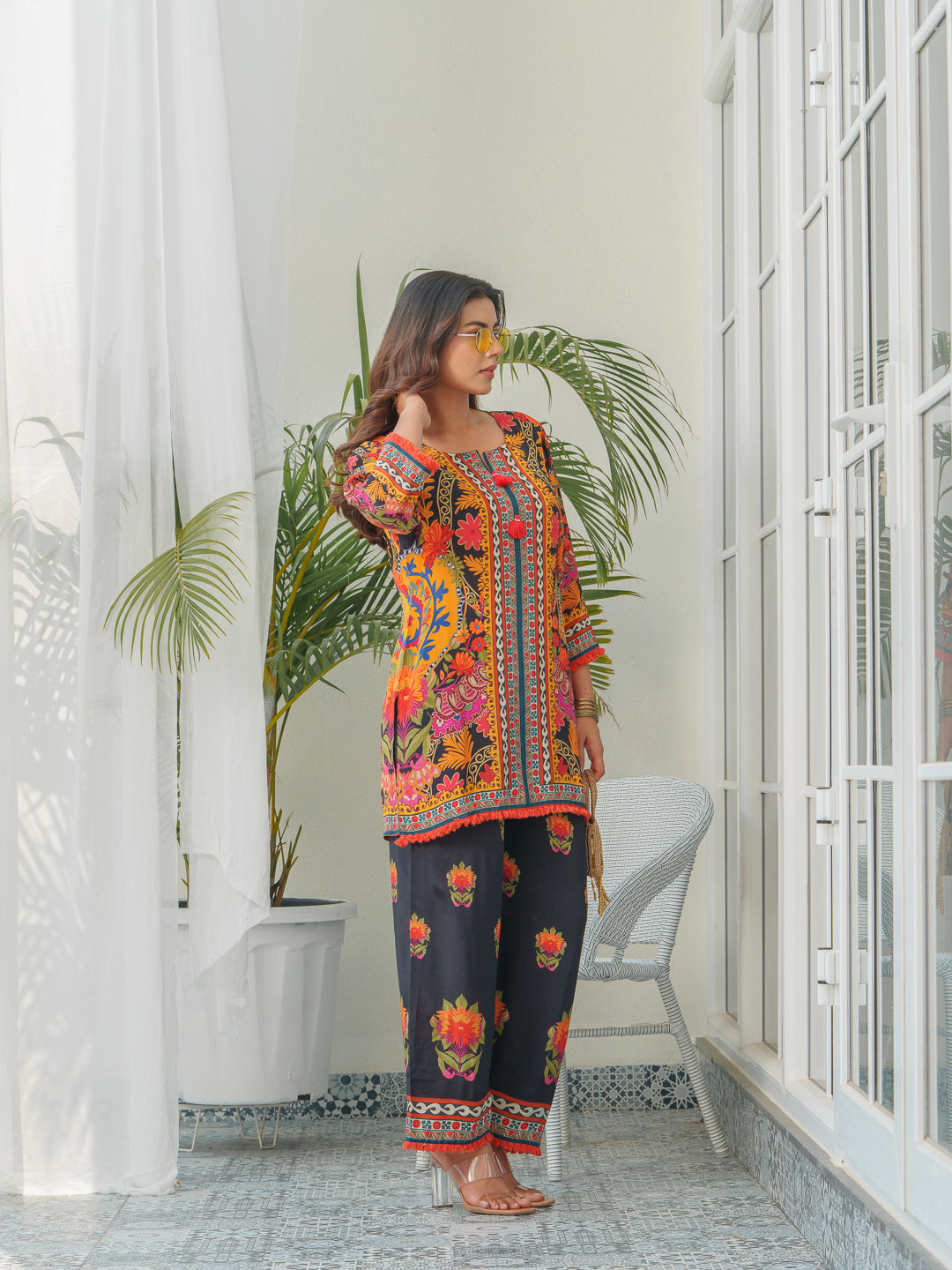 Traditional Printed Round Neck Tunic & Trousers Co-Ords