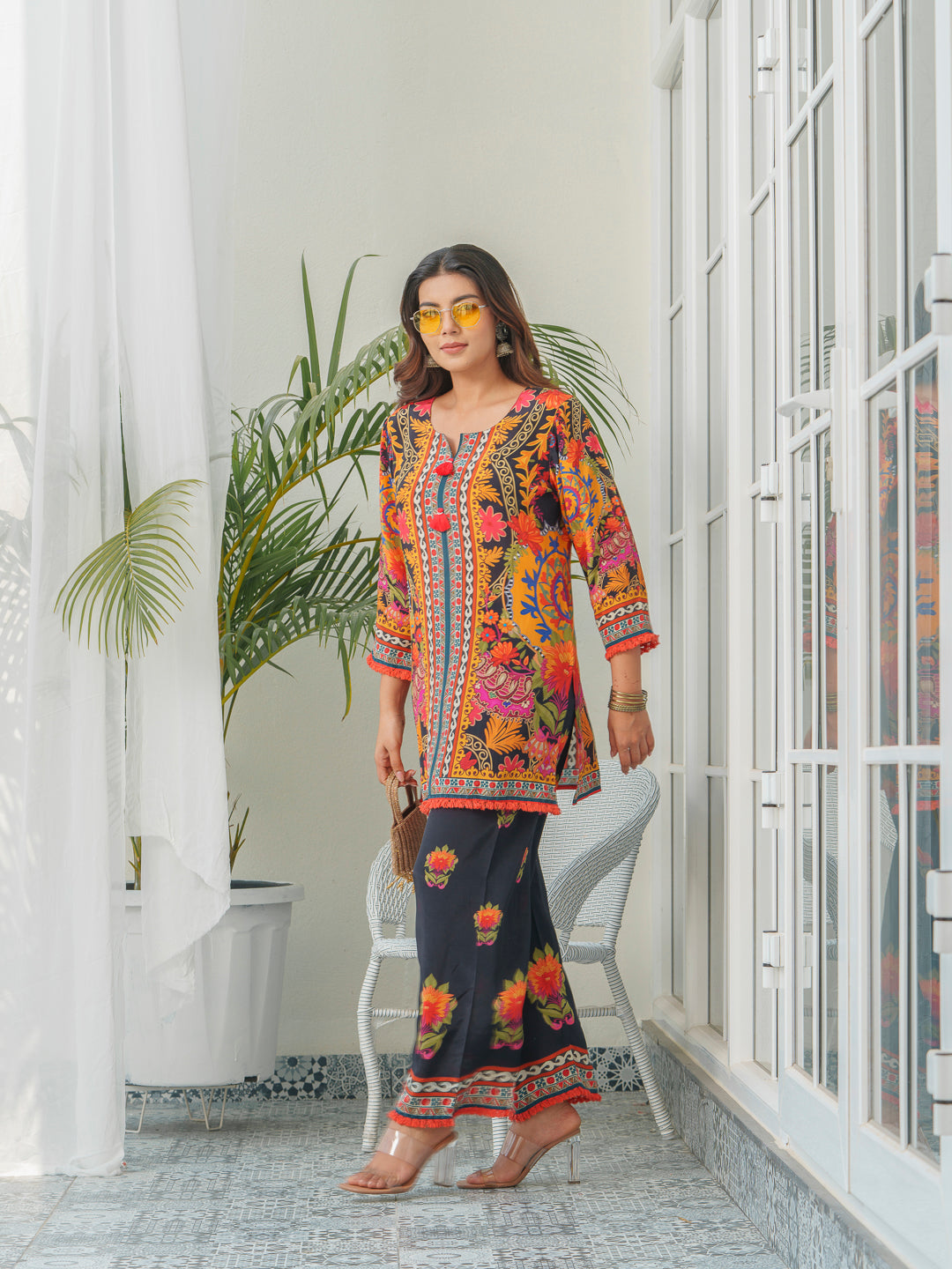 Traditional Printed Round Neck Tunic & Trousers Co-Ords