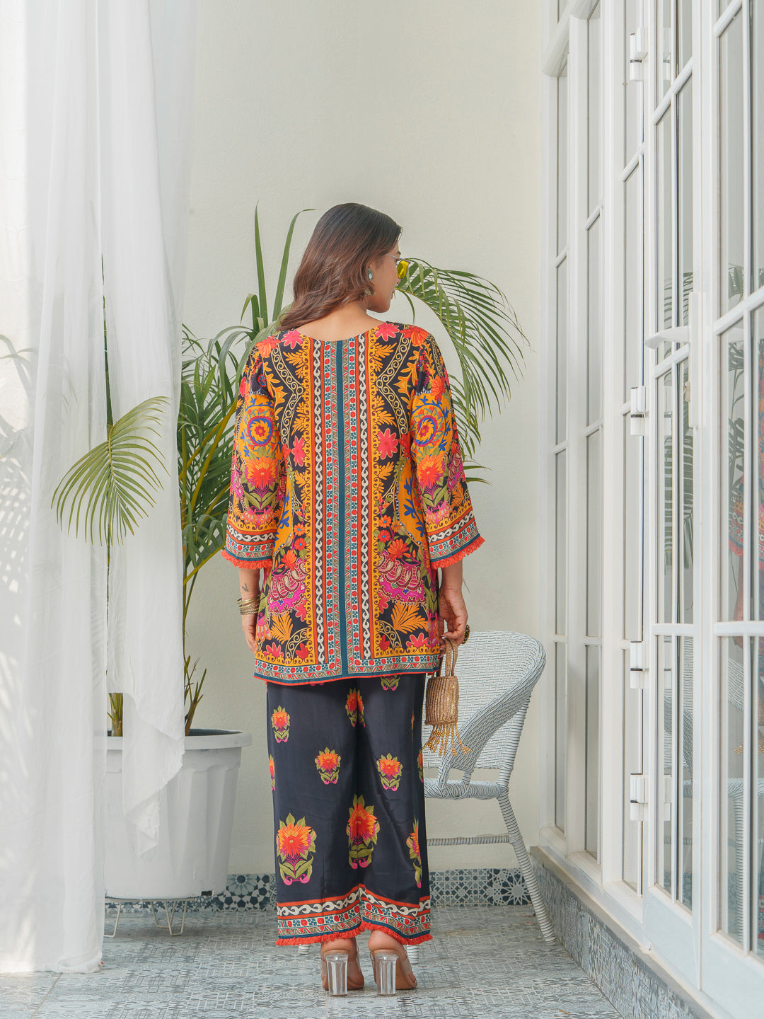 Traditional Printed Round Neck Tunic & Trousers Co-Ords