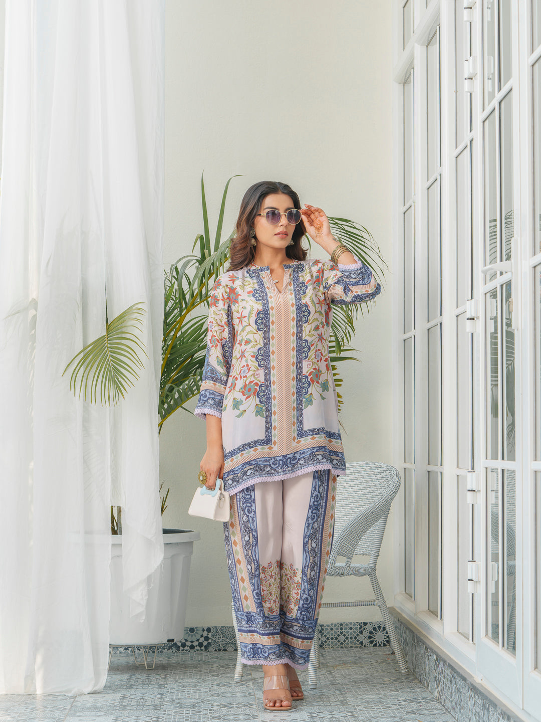 Floral & Geometric Printed Tunic With Trousers Co-Ords