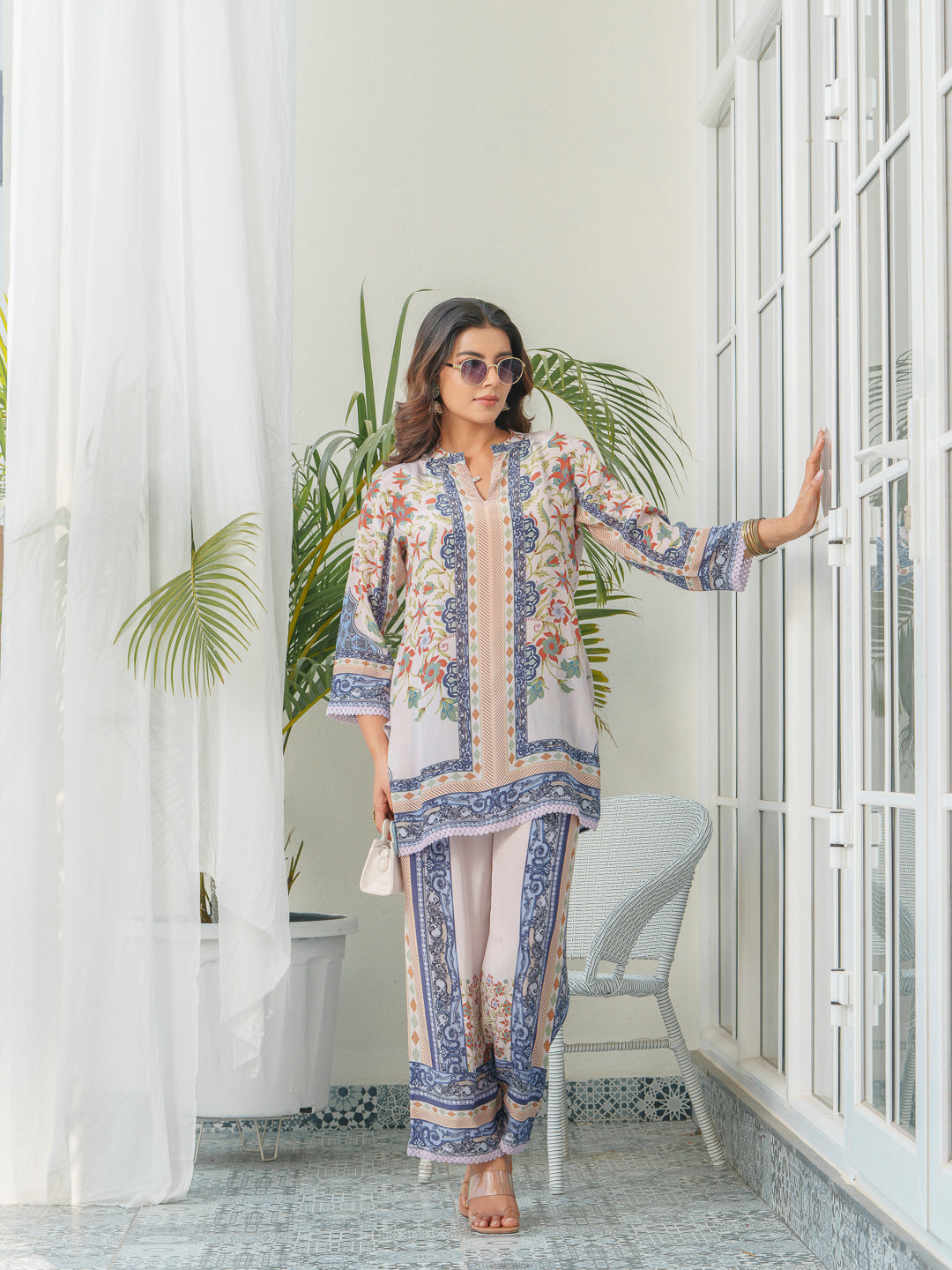 Floral & Geometric Printed Tunic With Trousers Co-Ords