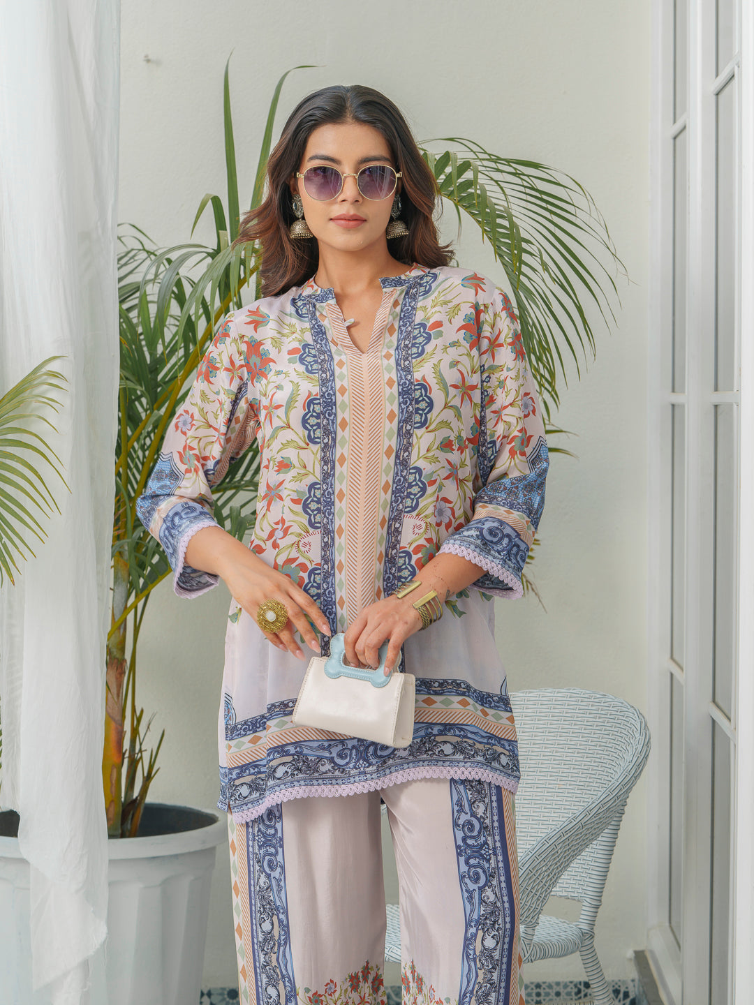 Floral & Geometric Printed Tunic With Trousers Co-Ords