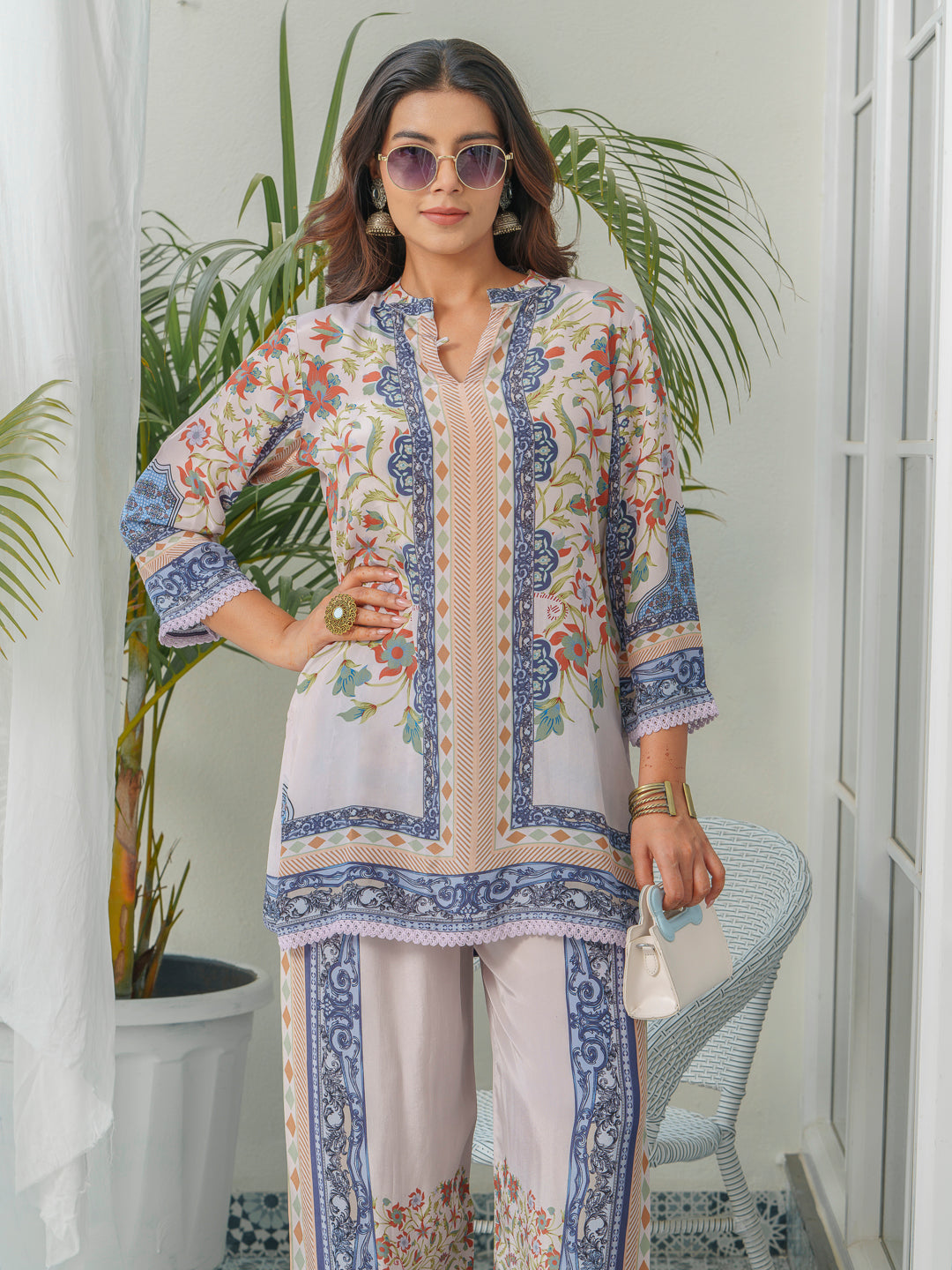 Floral & Geometric Printed Tunic With Trousers Co-Ords