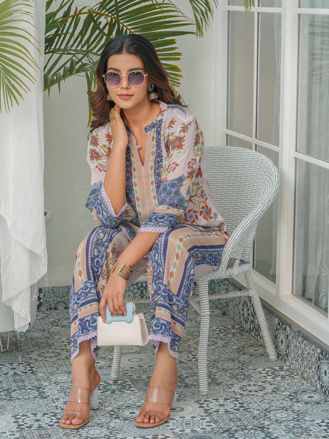 Floral & Geometric Printed Tunic With Trousers Co-Ords