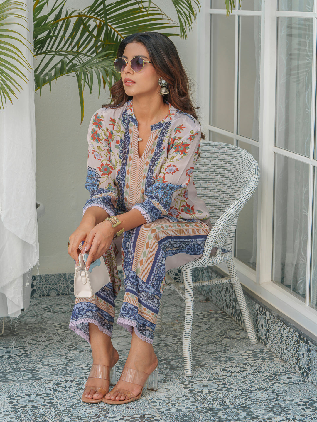 Floral & Geometric Printed Tunic With Trousers Co-Ords