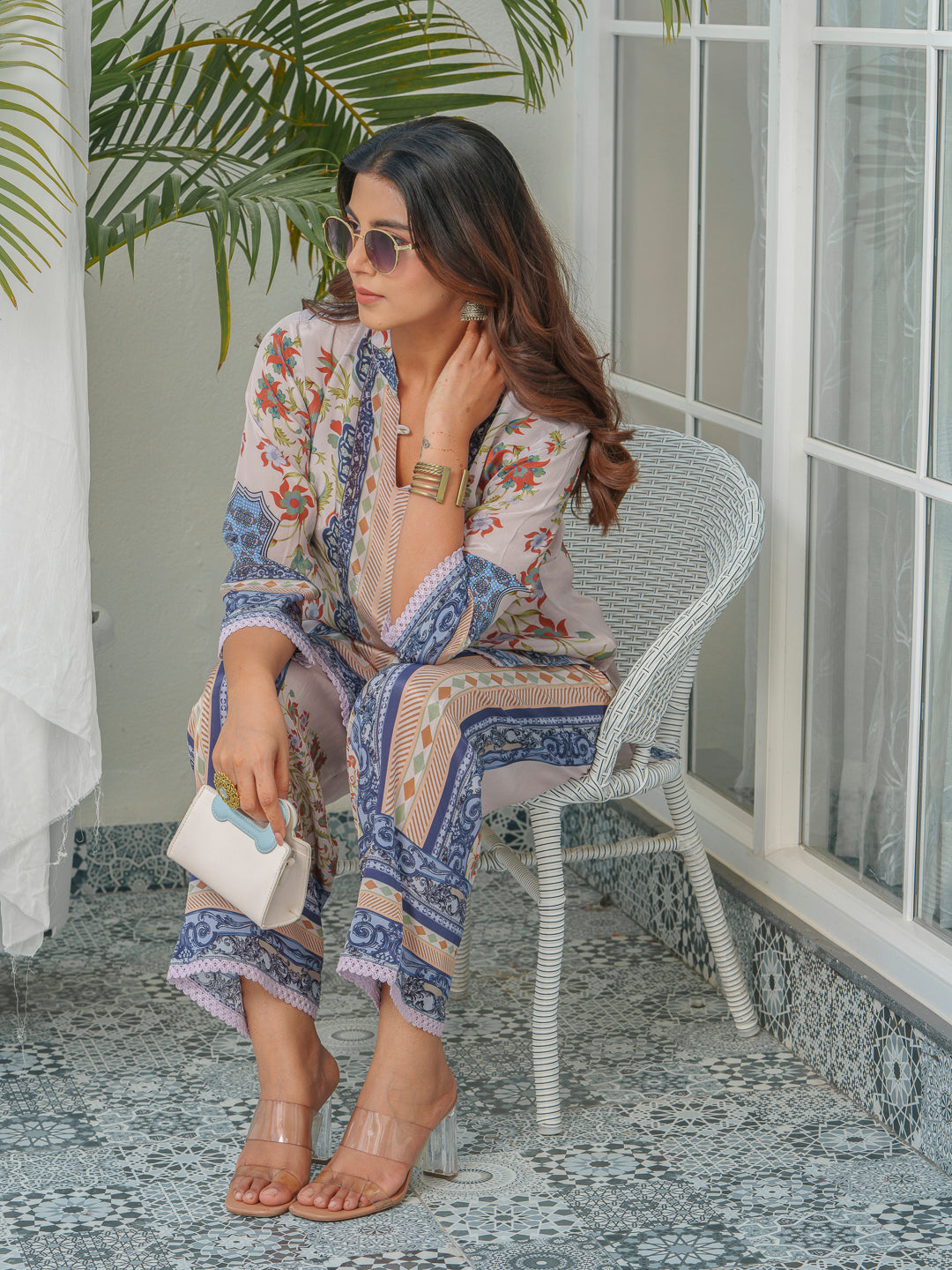 Floral & Geometric Printed Tunic With Trousers Co-Ords
