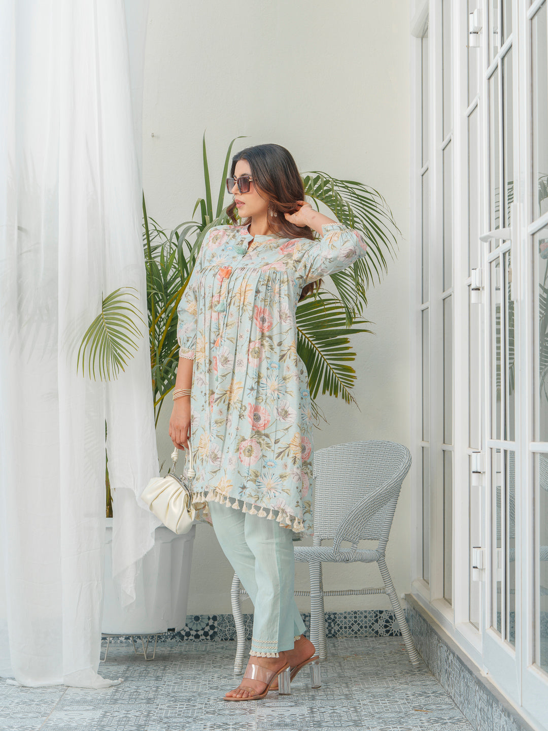Floral Printed Mandarin Collar Linen Pleated Tunic With Trousers