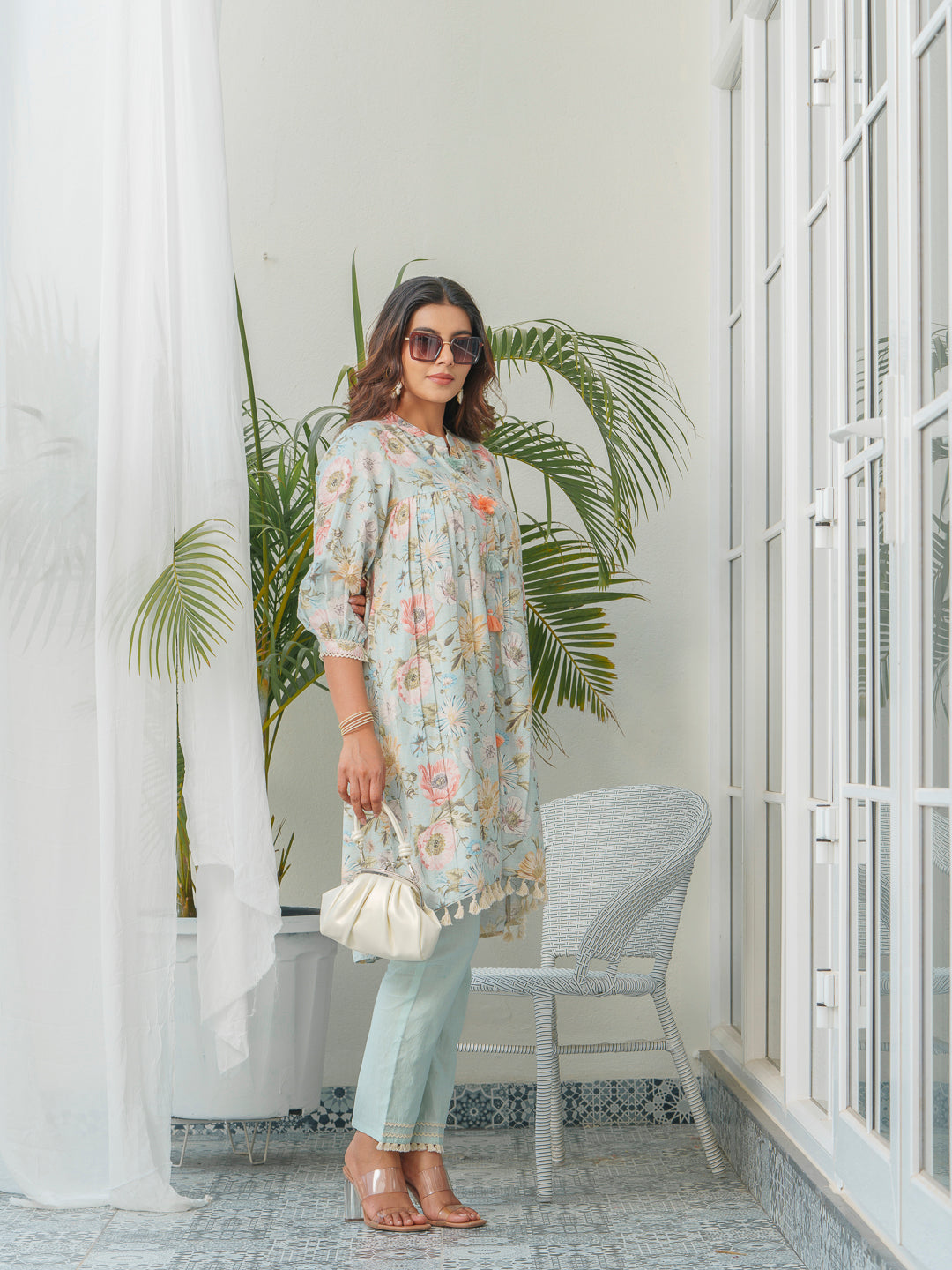 Floral Printed Mandarin Collar Linen Pleated Tunic With Trousers