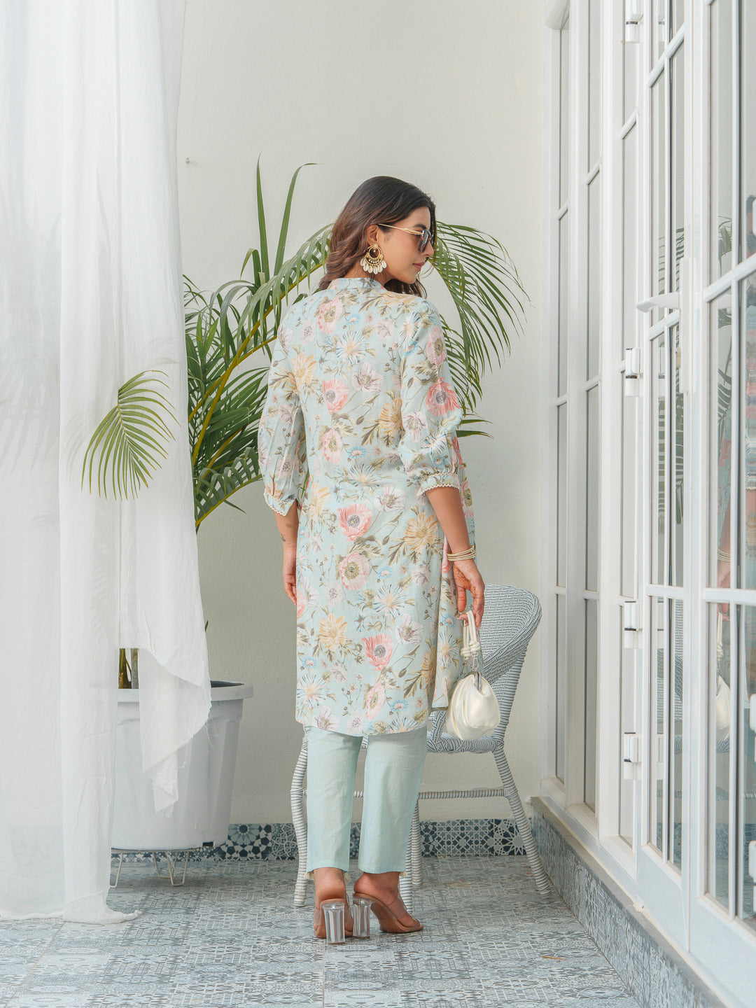 Floral Printed Mandarin Collar Linen Pleated Tunic With Trousers