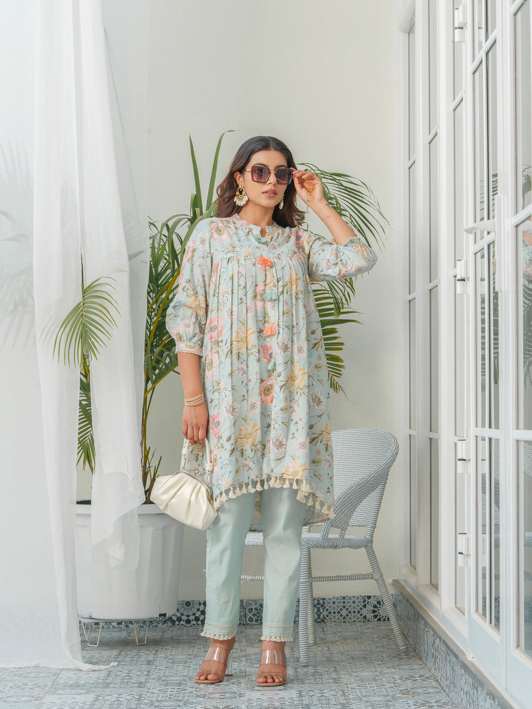 Floral Printed Mandarin Collar Linen Pleated Tunic With Trousers