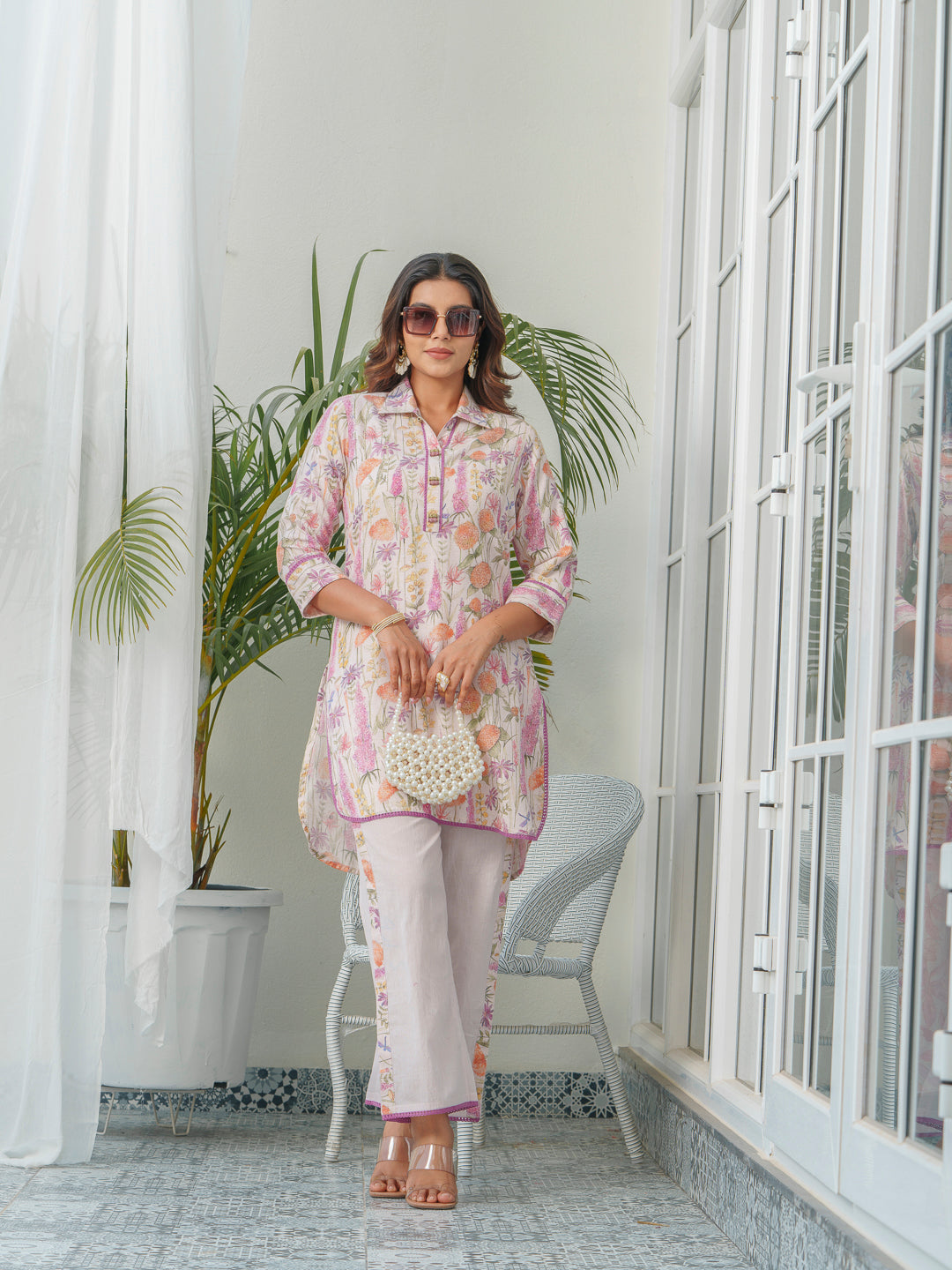 Floral Printed Shirt Collar Tunic & Trousers Co-Ords