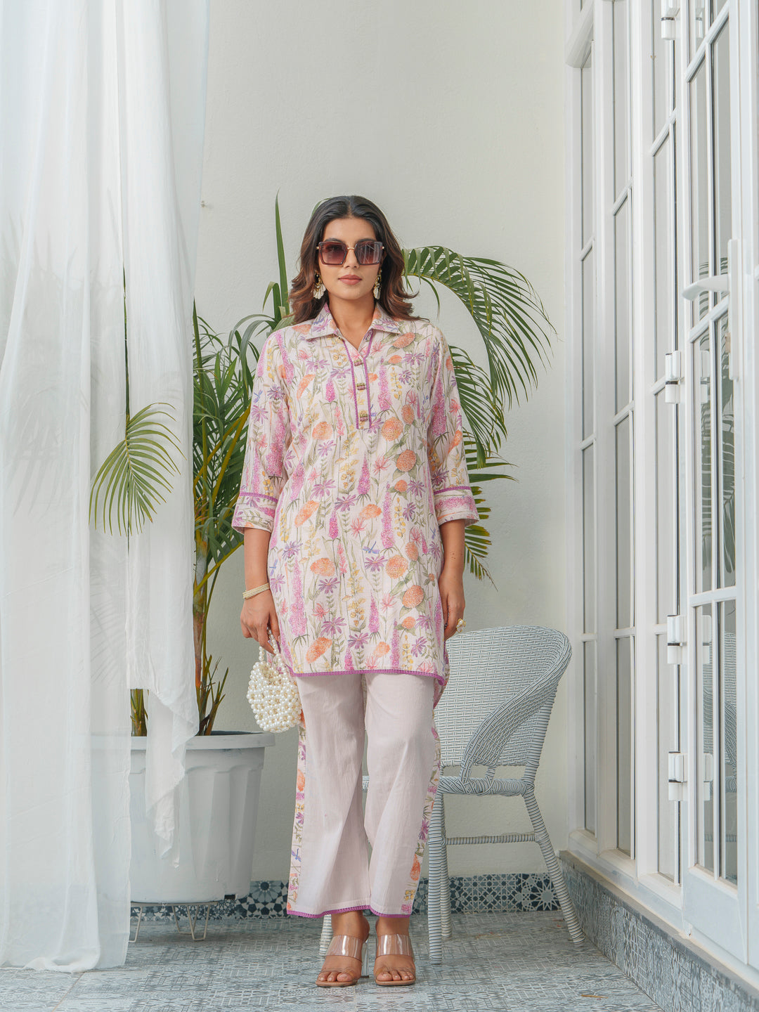 Floral Printed Shirt Collar Tunic & Trousers Co-Ords