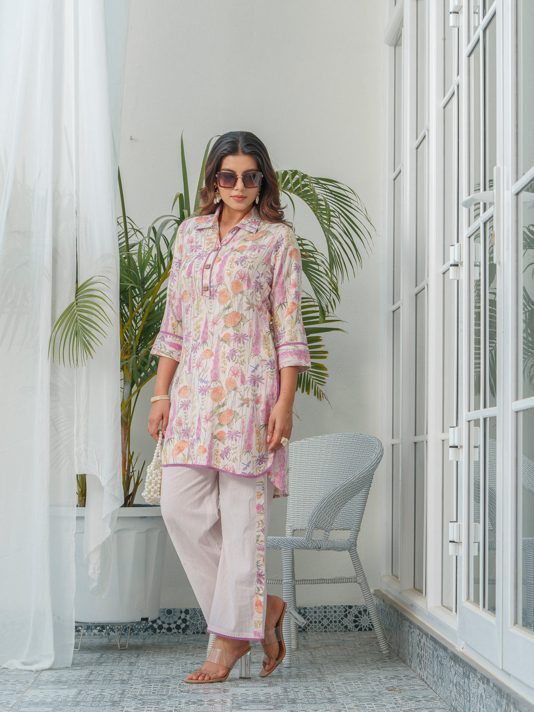 Floral Printed Shirt Collar Tunic & Trousers Co-Ords