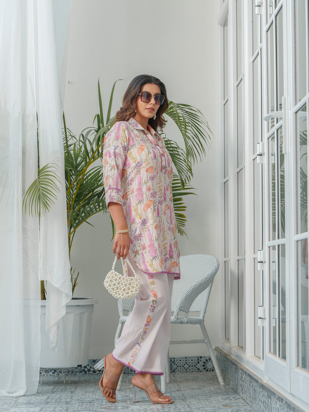 Floral Printed Shirt Collar Tunic & Trousers Co-Ords