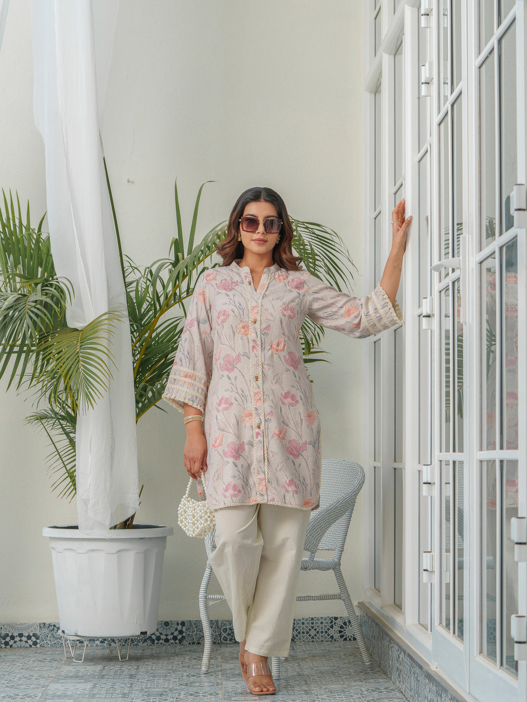 Floral Printed Mandarin Collar Linen Tunic With Trousers
