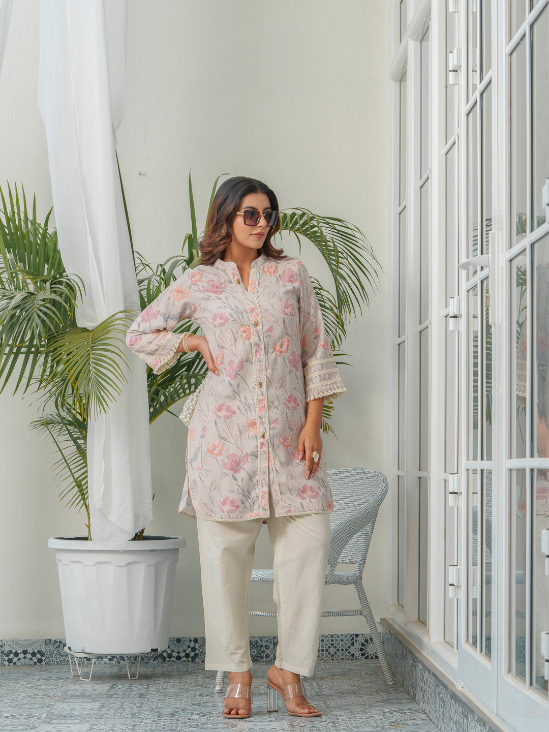 Floral Printed Mandarin Collar Linen Tunic With Trousers