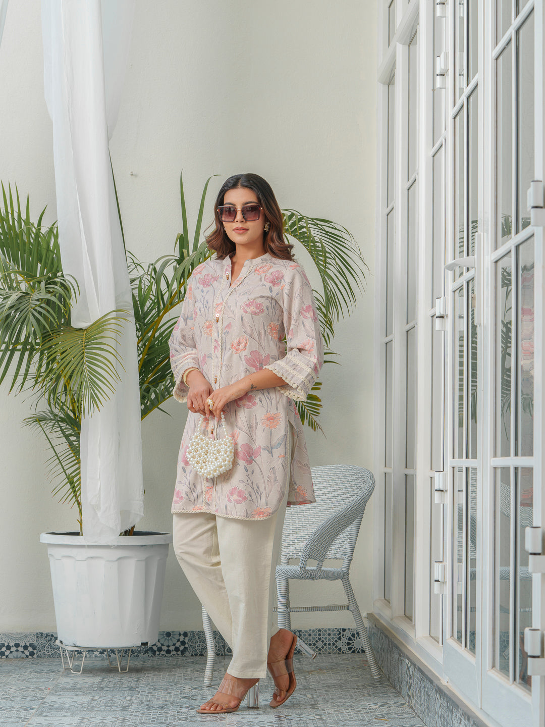 Floral Printed Mandarin Collar Linen Tunic With Trousers