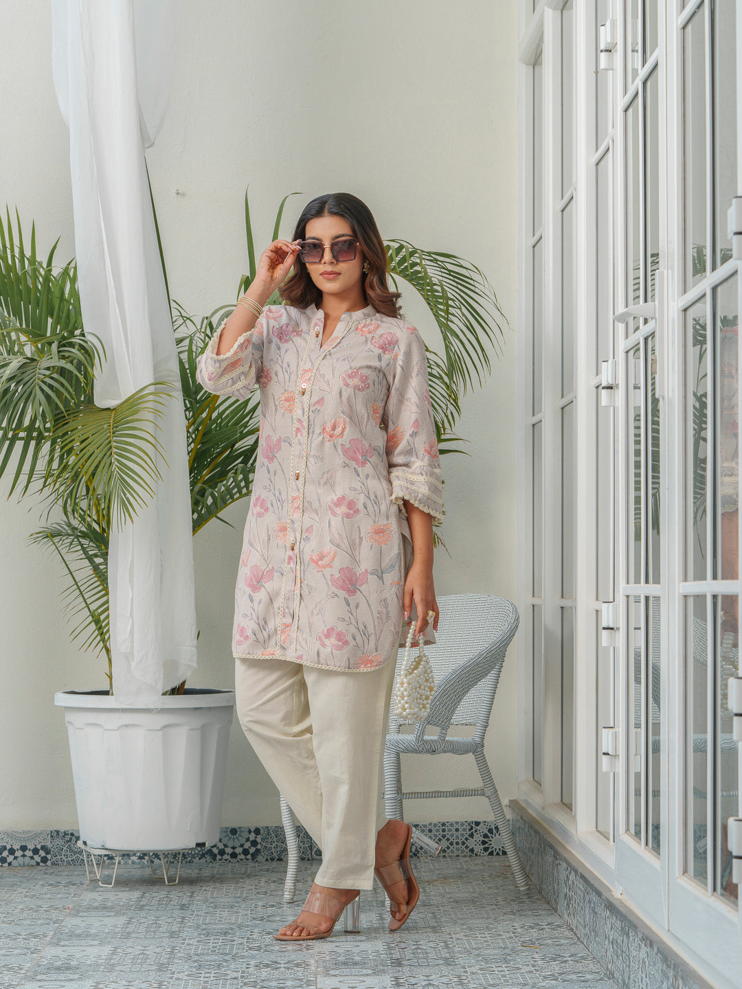 Floral Printed Mandarin Collar Linen Tunic With Trousers