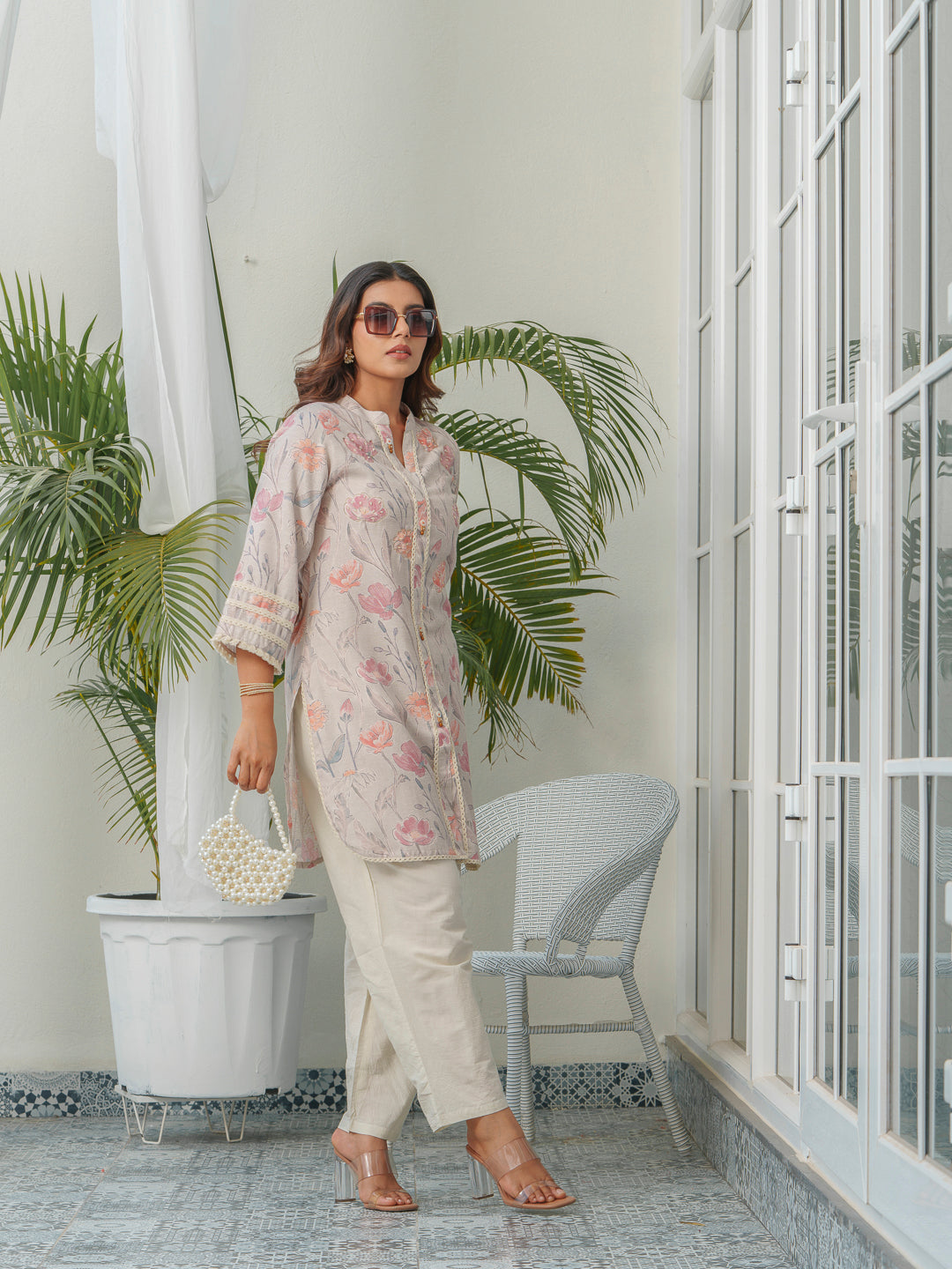 Floral Printed Mandarin Collar Linen Tunic With Trousers