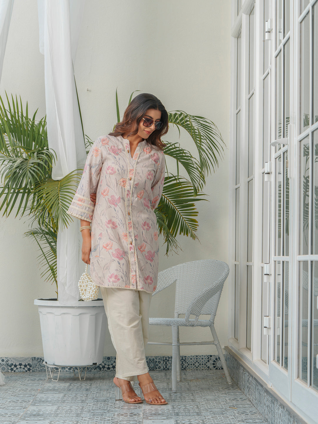 Floral Printed Mandarin Collar Linen Tunic With Trousers