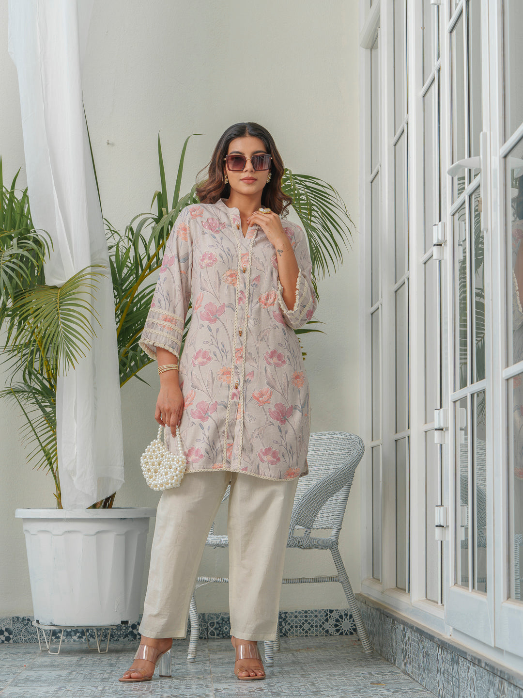 Floral Printed Mandarin Collar Linen Tunic With Trousers