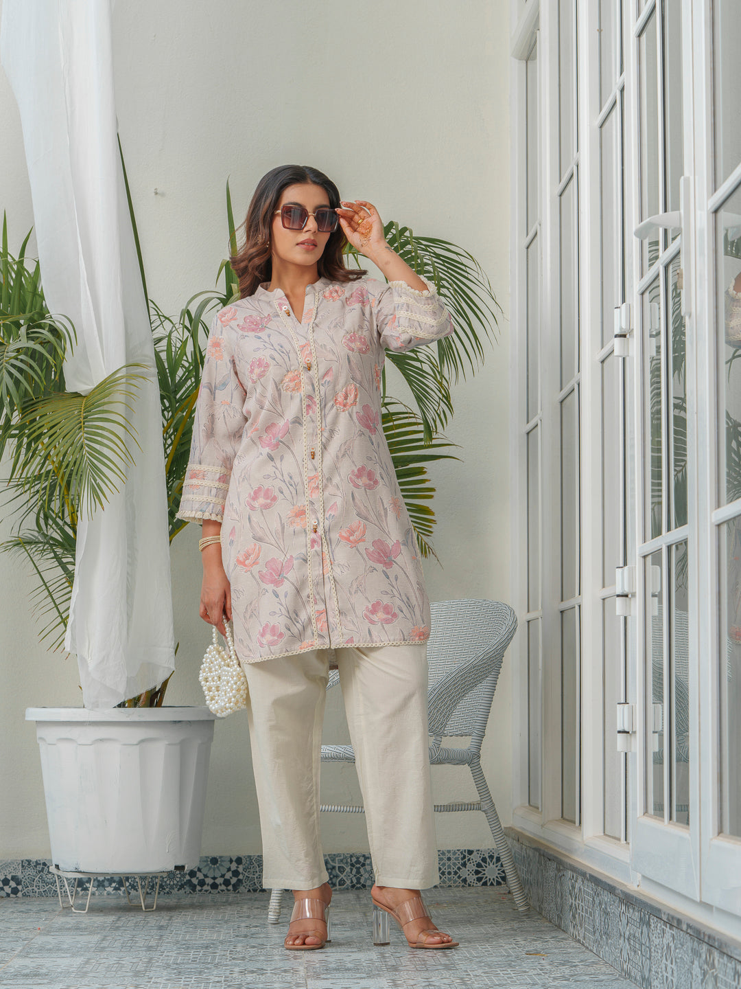 Floral Printed Mandarin Collar Linen Tunic With Trousers