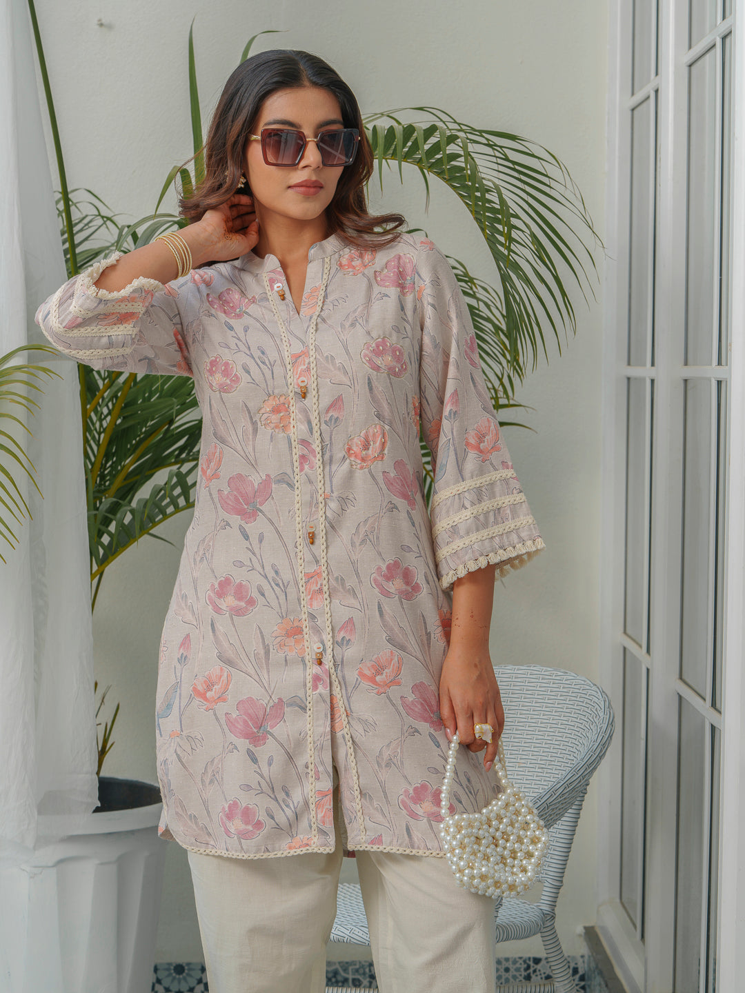 Floral Printed Mandarin Collar Linen Tunic With Trousers