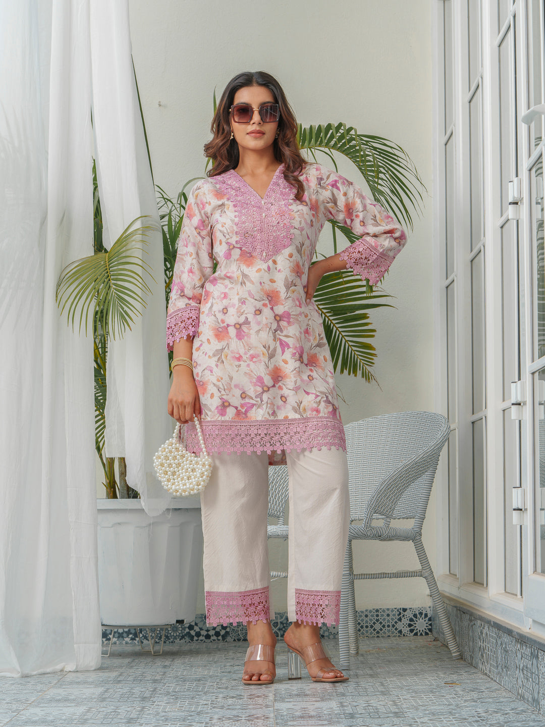 Floral Printed V-Neck Linen Tunic With Trousers
