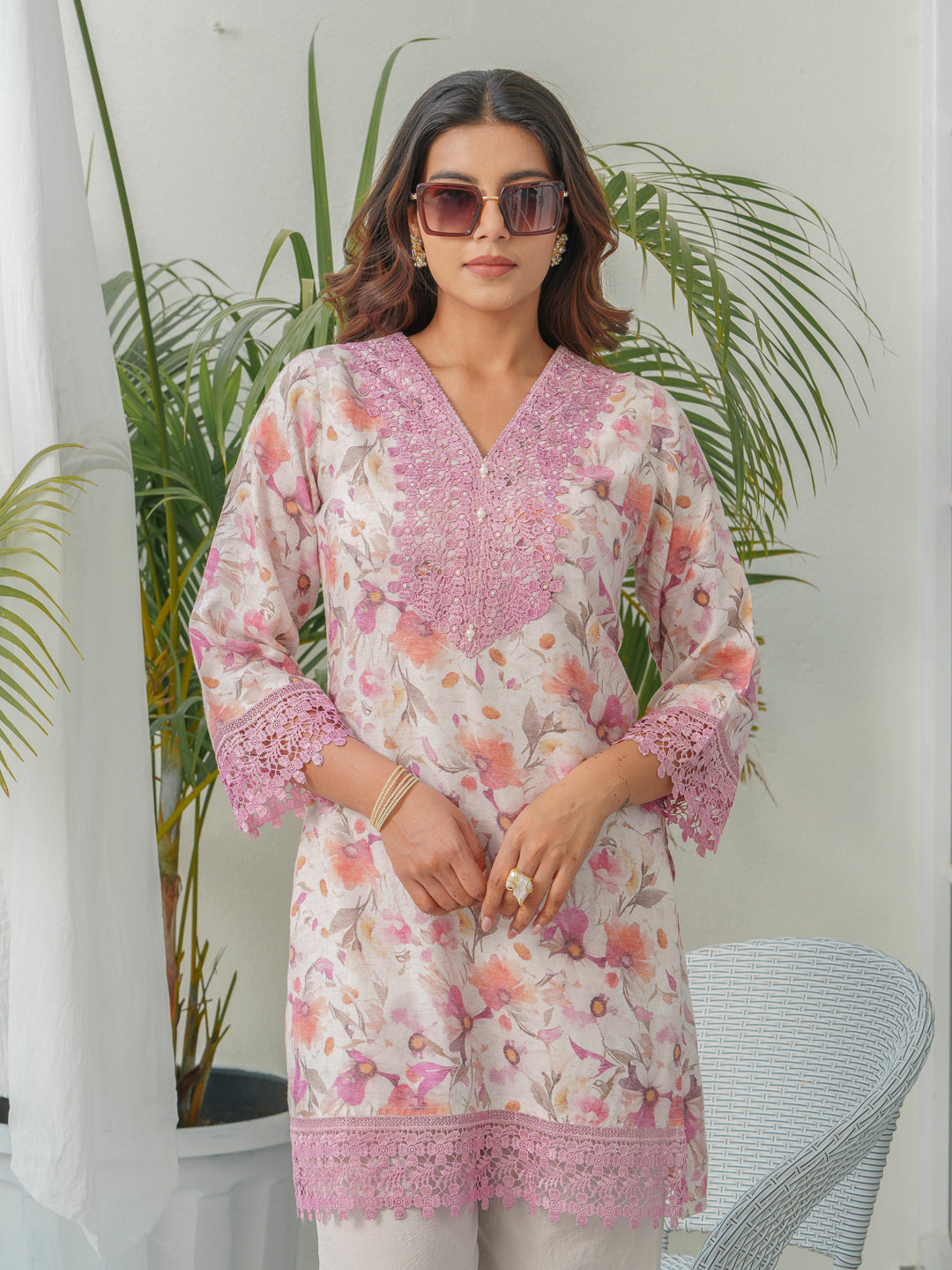 Floral Printed V-Neck Linen Tunic With Trousers