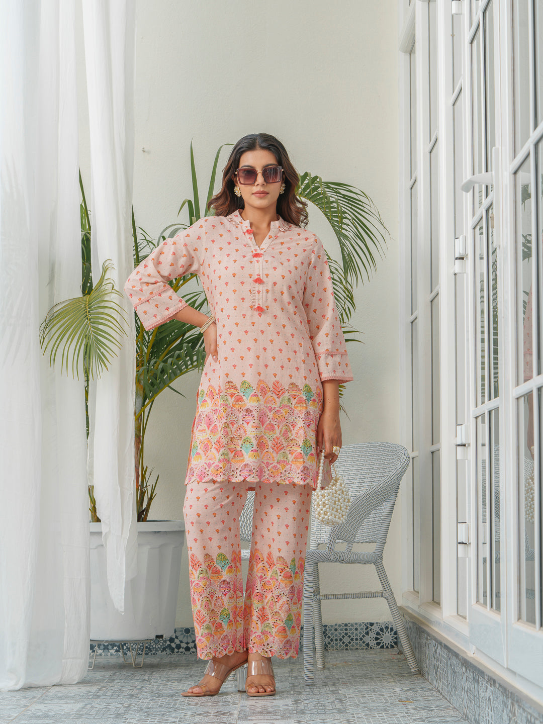 Floral Printed Pure Cotton Mandarin Collar Tunic With Trousers