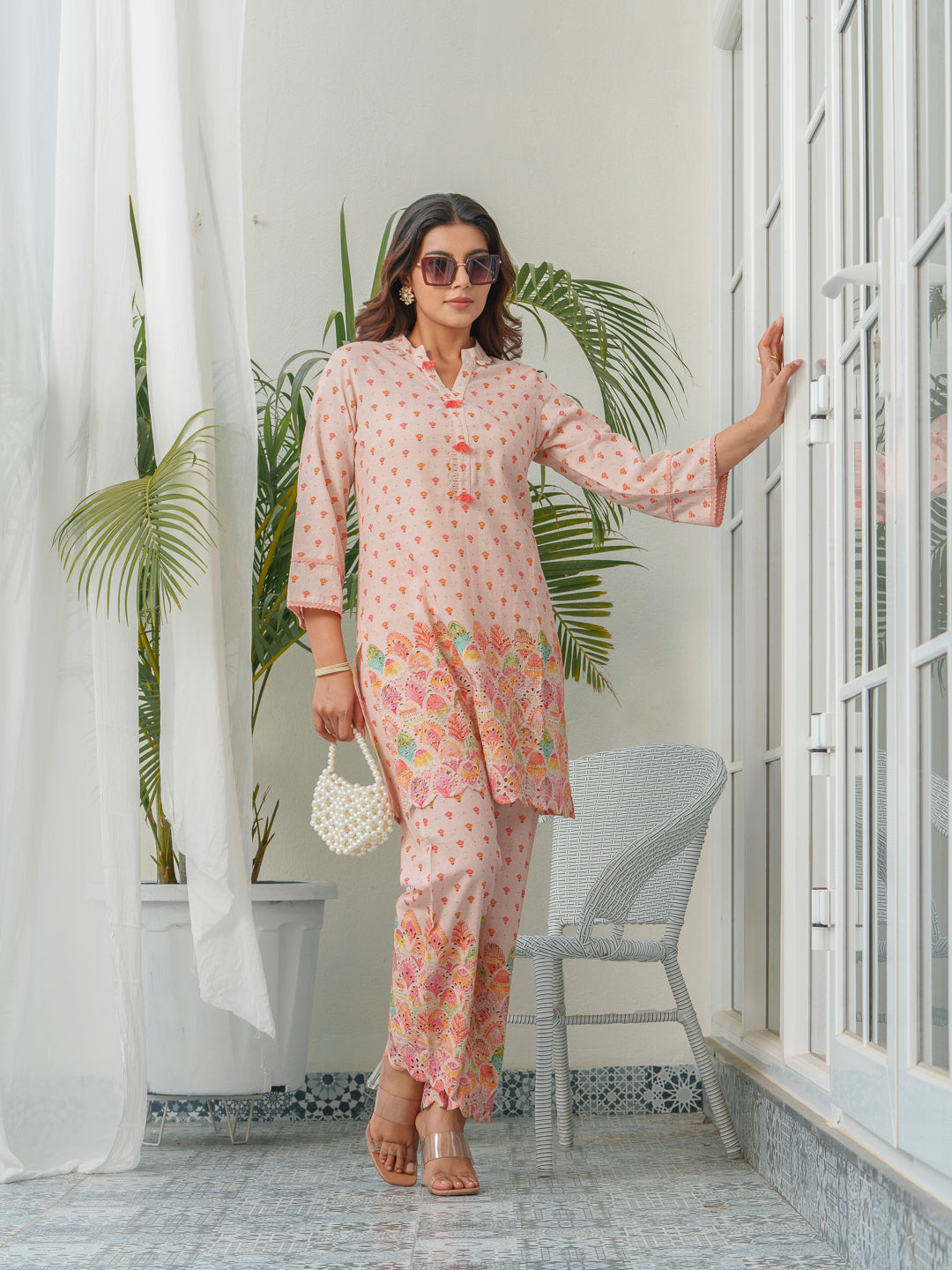 Floral Printed Pure Cotton Mandarin Collar Tunic With Trousers