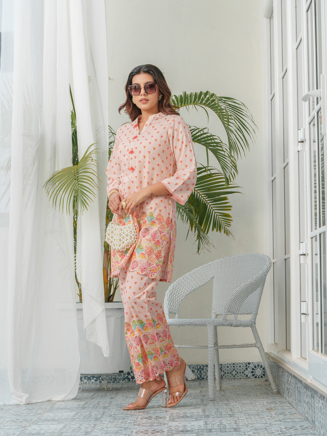 Floral Printed Pure Cotton Mandarin Collar Tunic With Trousers