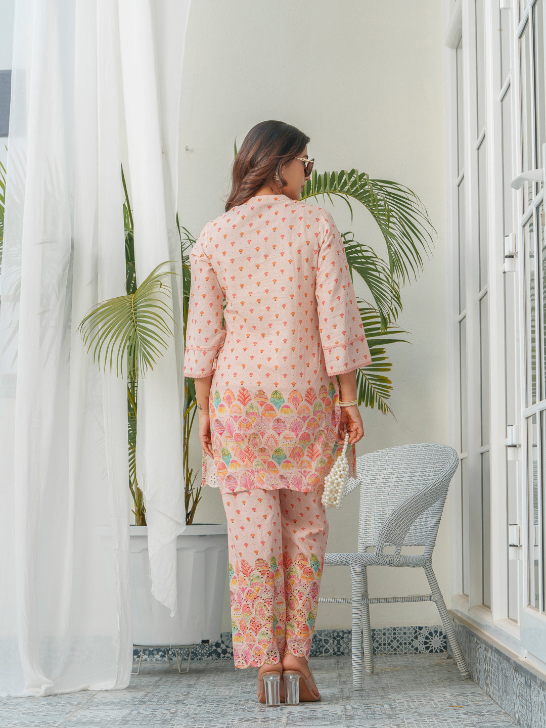 Floral Printed Pure Cotton Mandarin Collar Tunic With Trousers