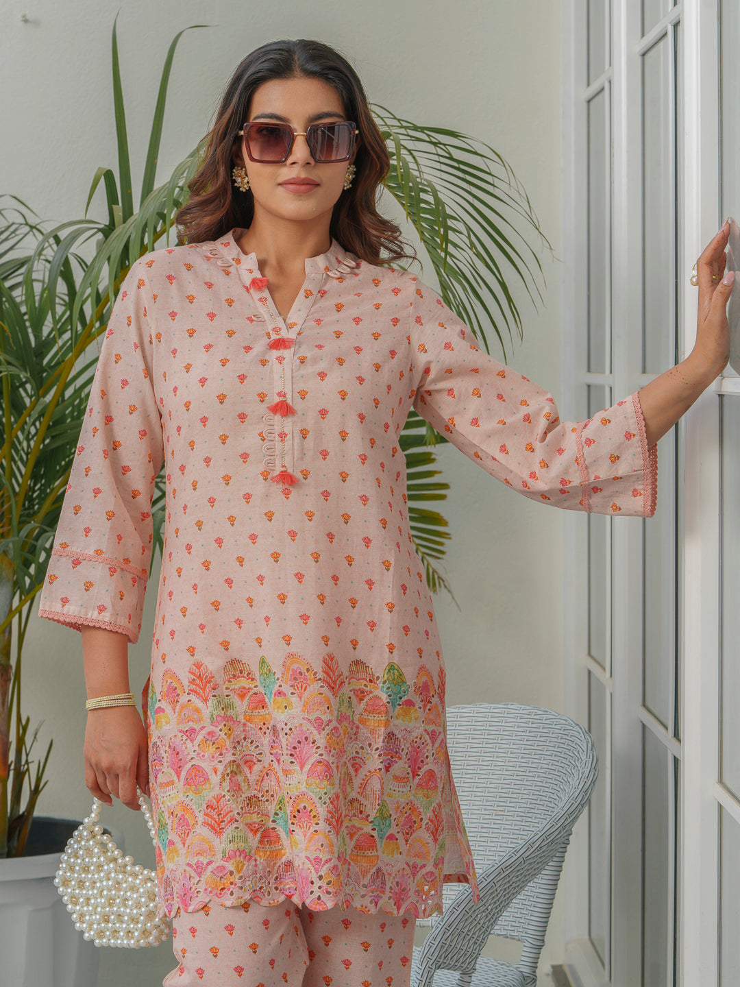 Floral Printed Pure Cotton Mandarin Collar Tunic With Trousers