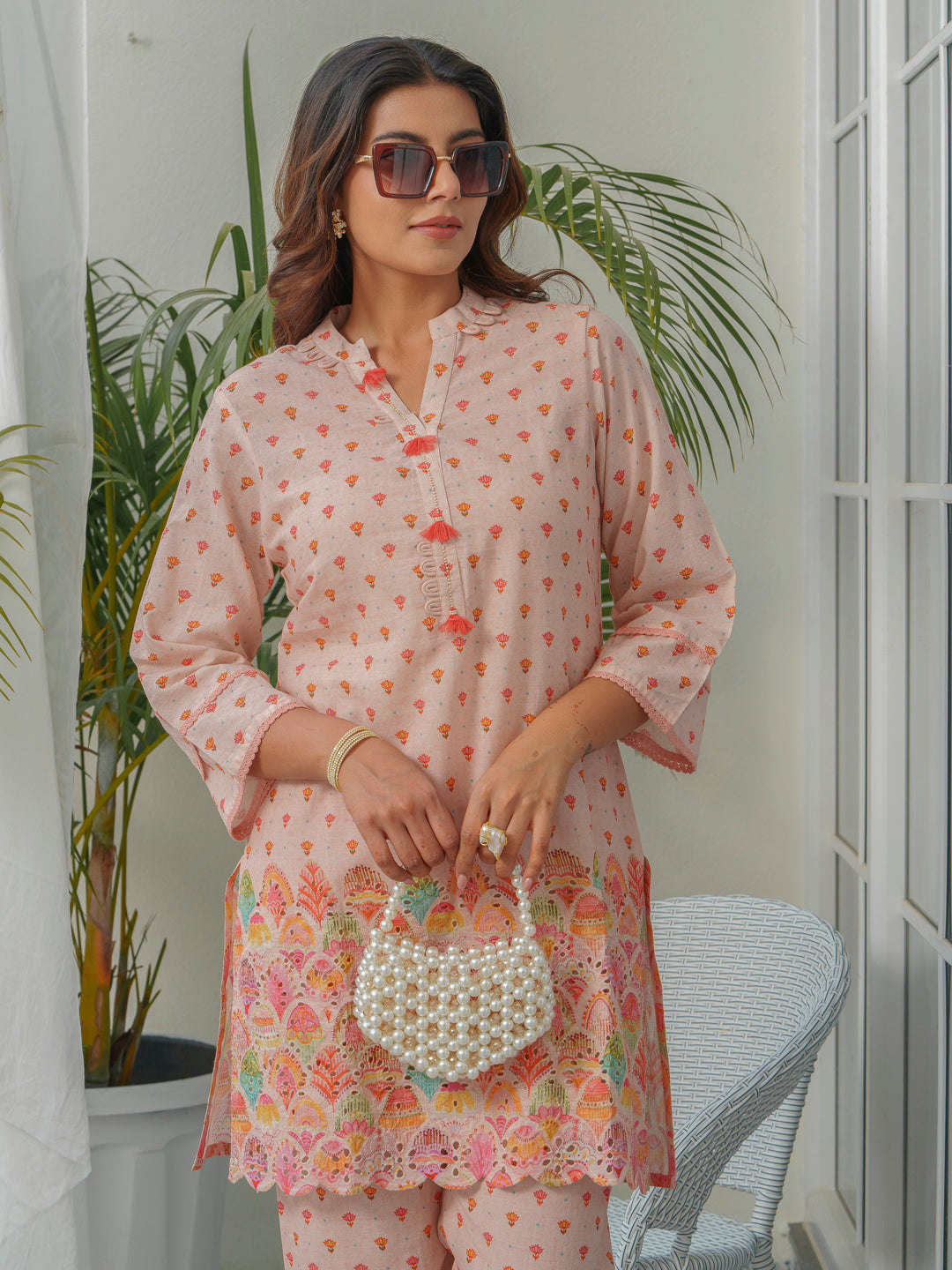 Floral Printed Pure Cotton Mandarin Collar Tunic With Trousers