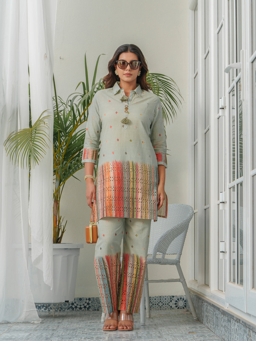 Abstract Printed Pure Cotton Schiffli Shirt Collar Tunic With Trousers