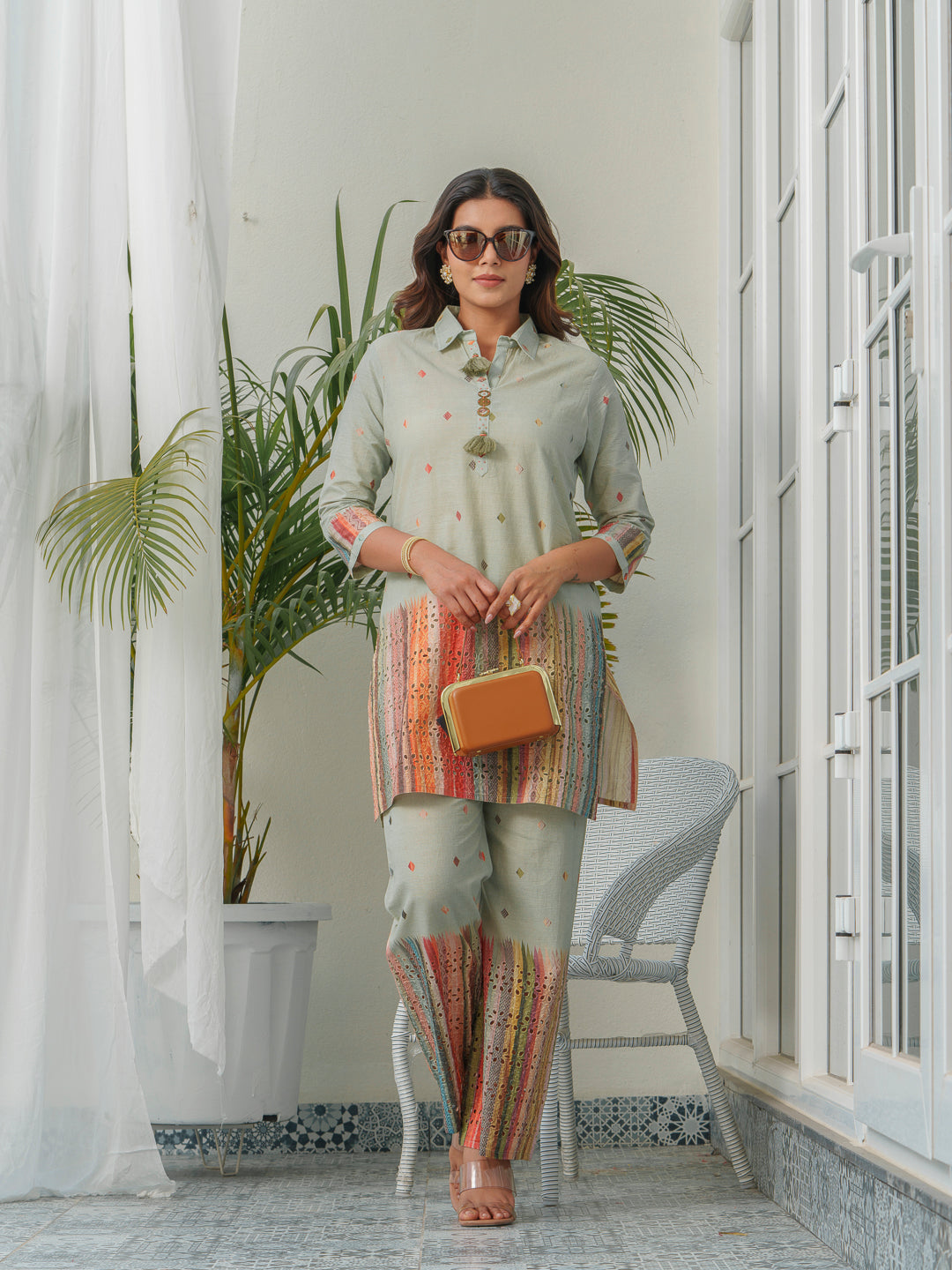 Abstract Printed Pure Cotton Schiffli Shirt Collar Tunic With Trousers