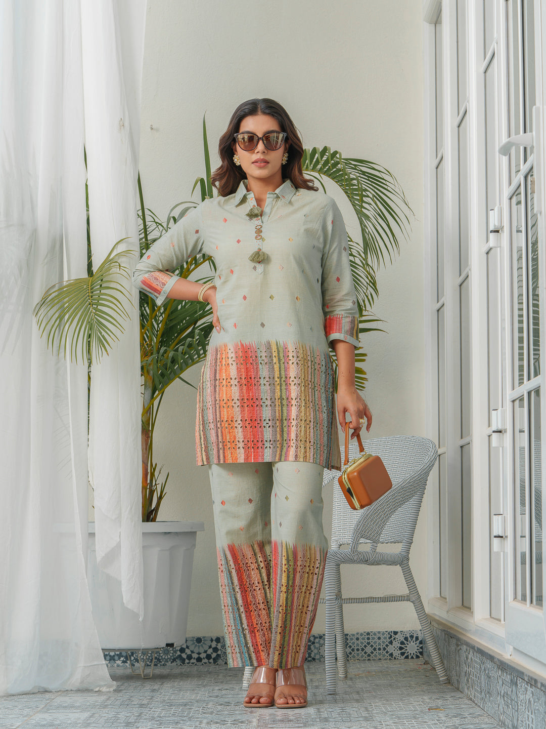 Abstract Printed Pure Cotton Schiffli Shirt Collar Tunic With Trousers