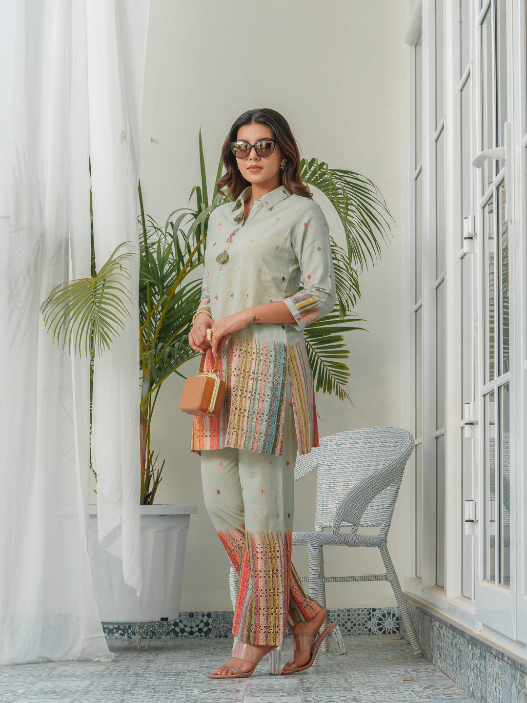 Abstract Printed Pure Cotton Schiffli Shirt Collar Tunic With Trousers