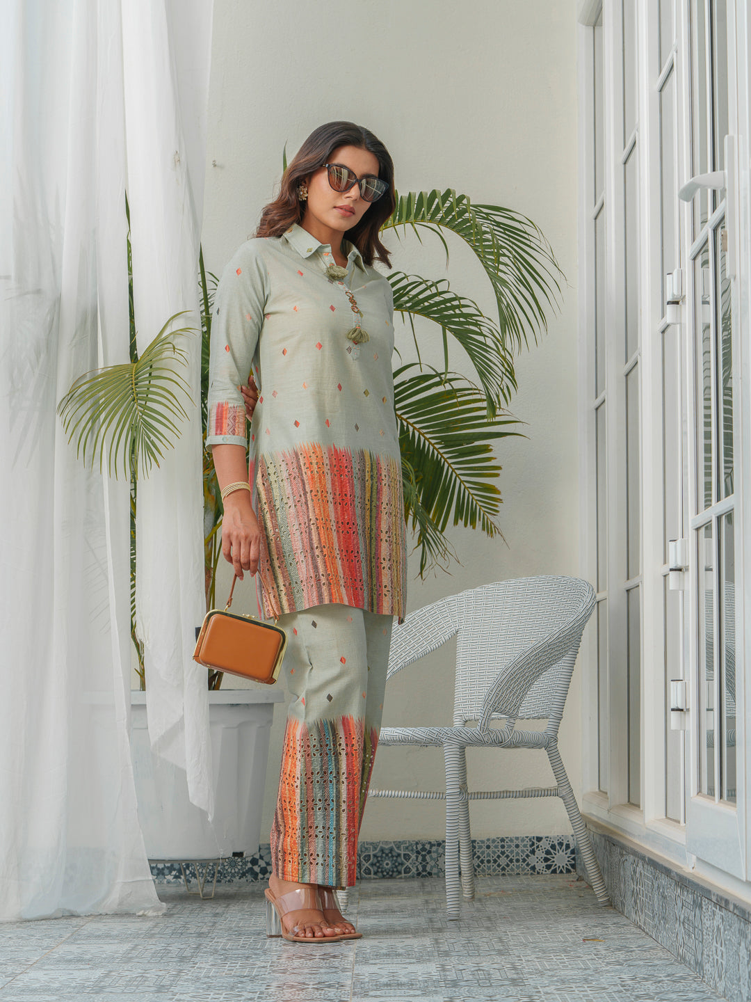 Abstract Printed Pure Cotton Schiffli Shirt Collar Tunic With Trousers