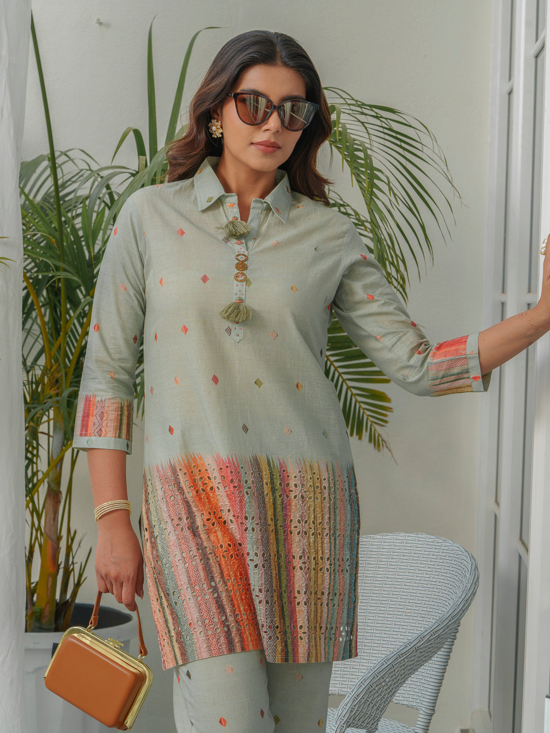 Abstract Printed Pure Cotton Schiffli Shirt Collar Tunic With Trousers