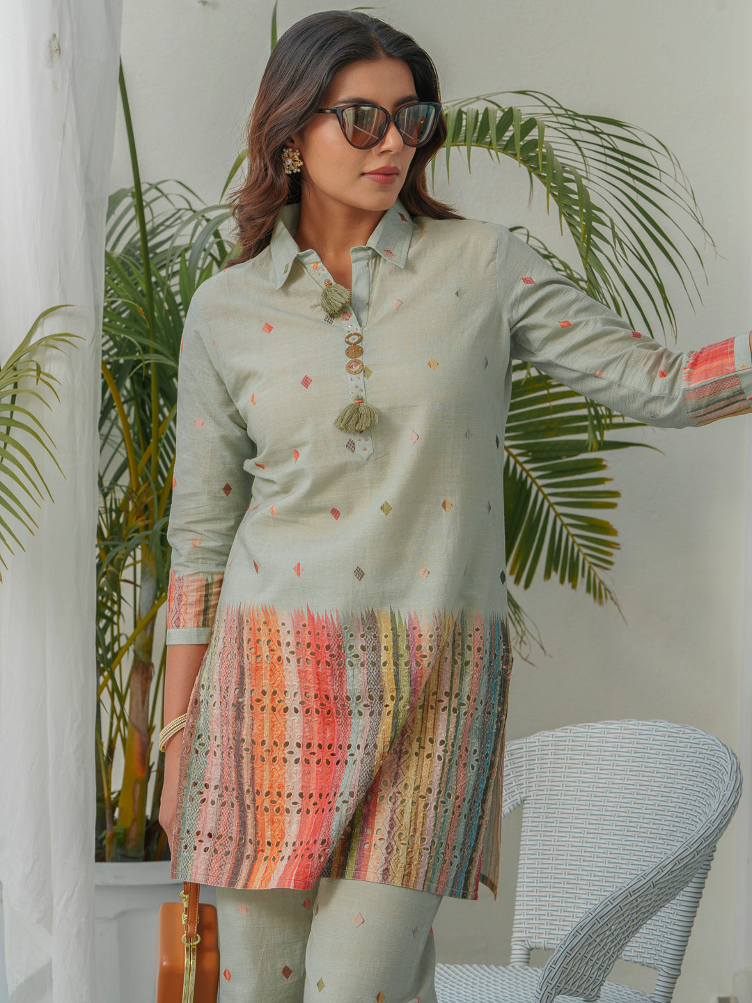 Abstract Printed Pure Cotton Schiffli Shirt Collar Tunic With Trousers