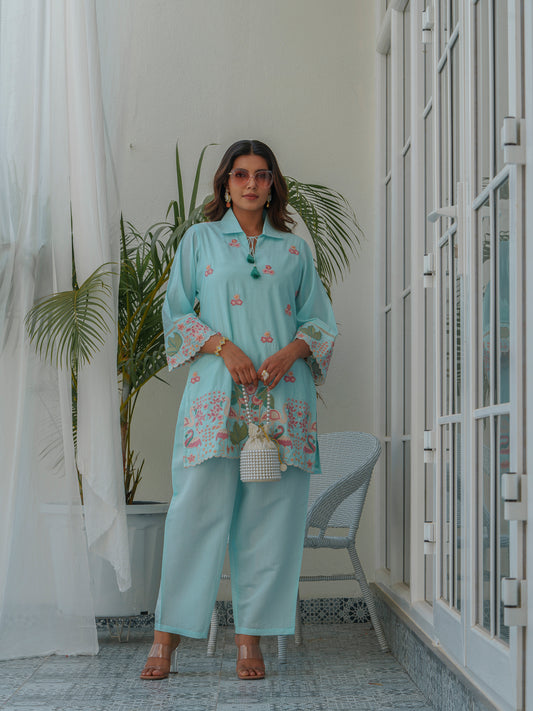 Floral & Swan Embroidered Tunic & Trousers Co-Ords