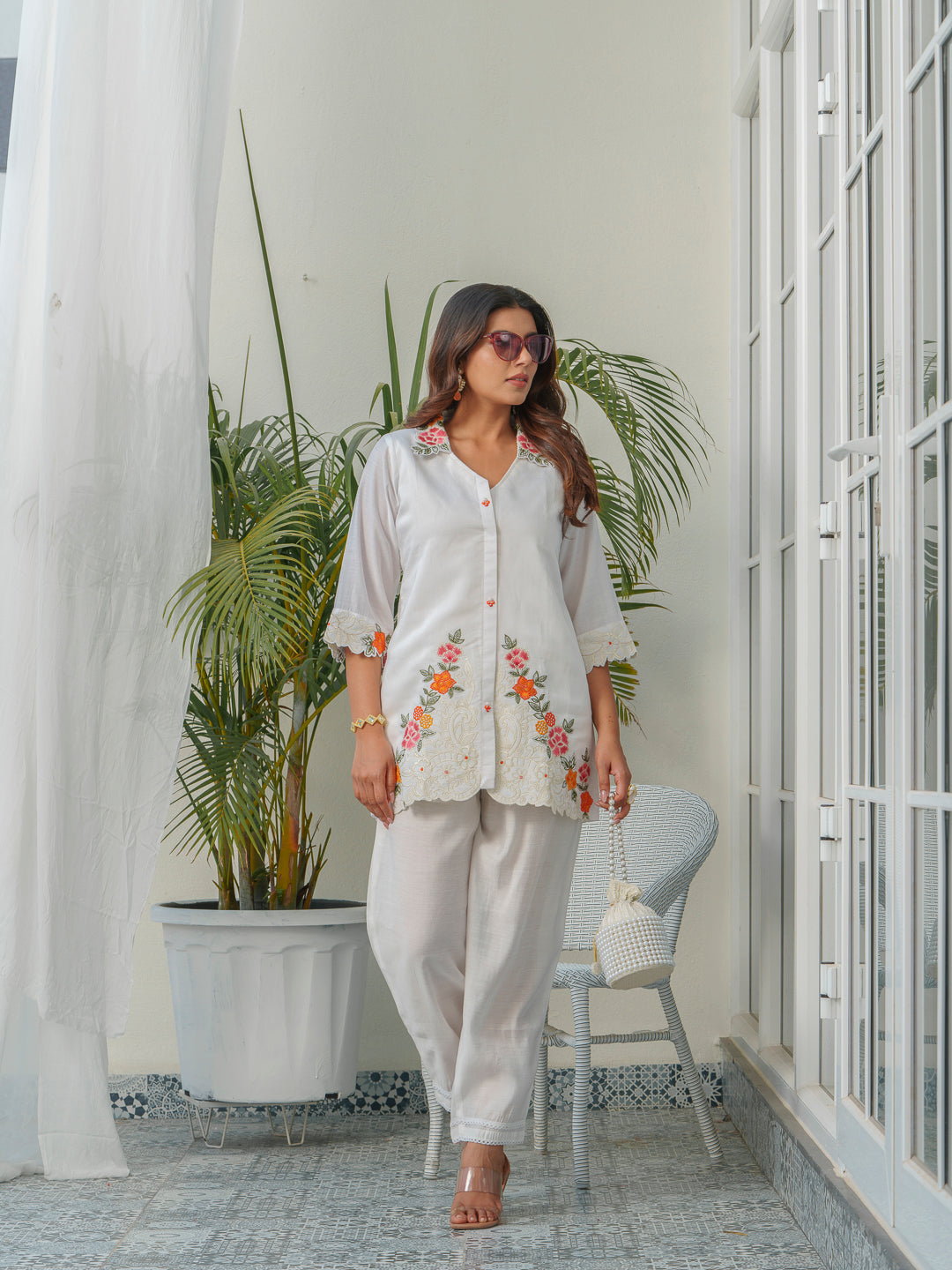 Embroidered Shirt Collar Neck Tunic & Trousers Co-Ords