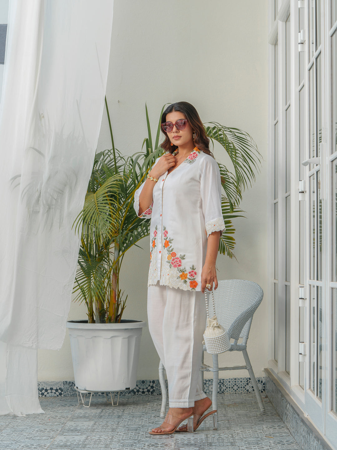 Embroidered Shirt Collar Neck Tunic & Trousers Co-Ords