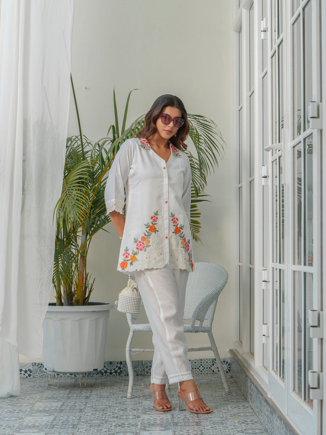 Embroidered Shirt Collar Neck Tunic & Trousers Co-Ords