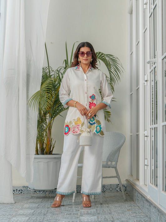Floral Embroidered Shirt Collar Tunic & Trousers Co-Ords